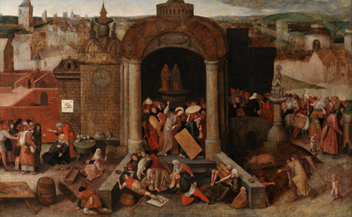 Unknown Netherlandish artist in a manner of Hieronymus Bosch (1450-1516) and Pieter Bruegel the Elder (1526/30-1569), Christ Driving the Money-lenders from the Temple. C. 1563-69. Oil on panel. 101,7/101,9 x 155,3 cm. National Gallery of Denmark, Copenhagen 