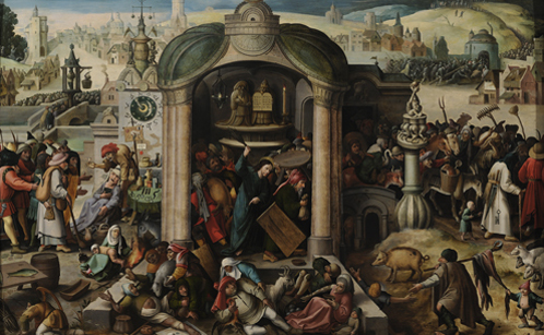 Follower of Hieronymus Bosch (1450-1516)/ Circle of Jan Mandijn (c. 1500-1560)?, Christ Driving the Money-lenders from the Temple. Oil on panel. 115,7 x 173,1 cm. Private collection. 